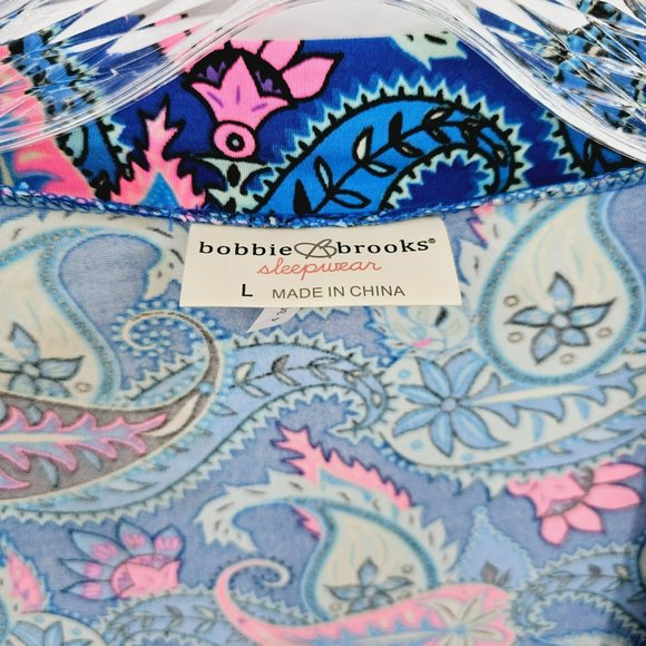 Bobbie Brooks Sleepwear Short Robe L Blue Pink Paisley Print Soft Tie Waist New - Picture 2 of 14